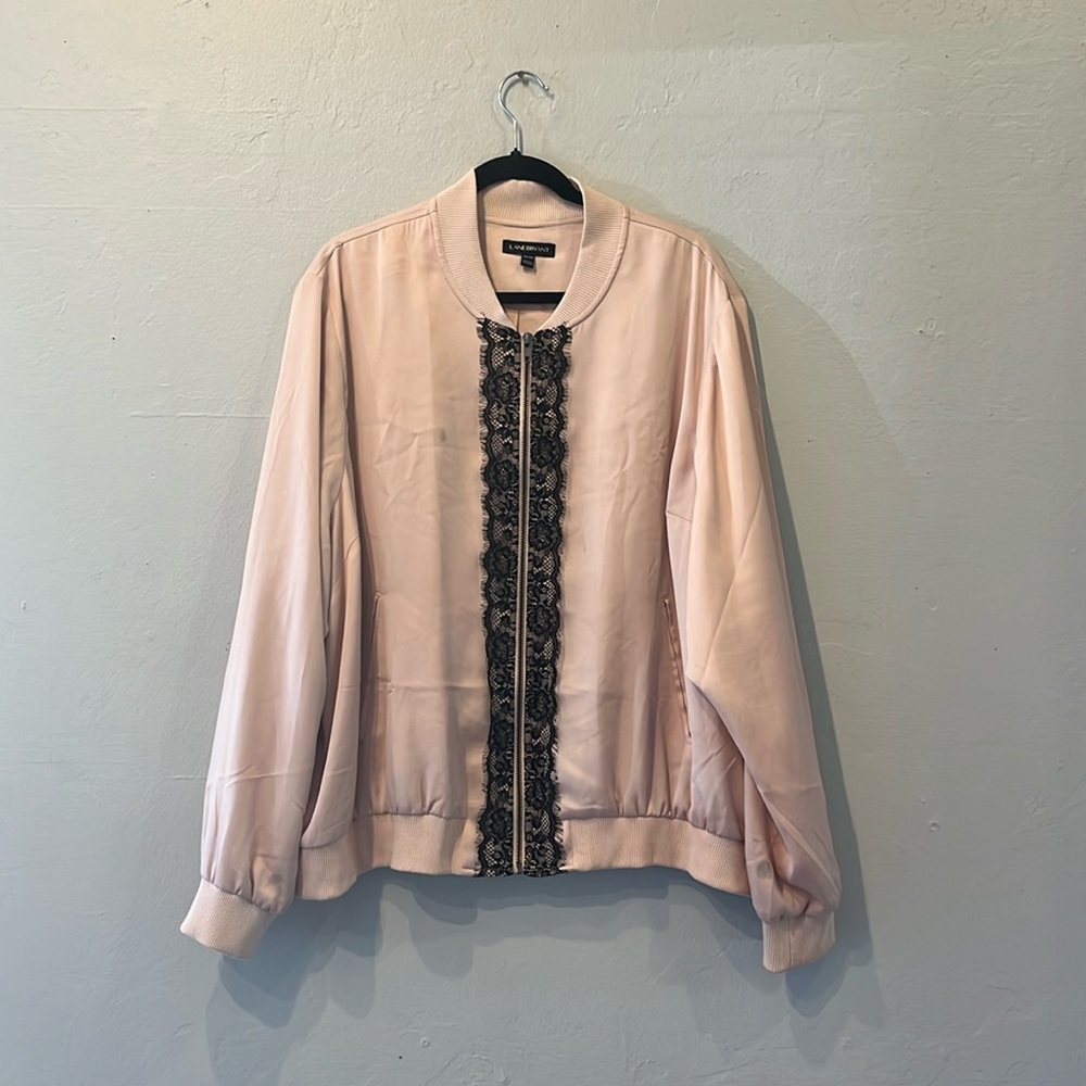 Plus size Lane Bryant pink jacket with lace trim